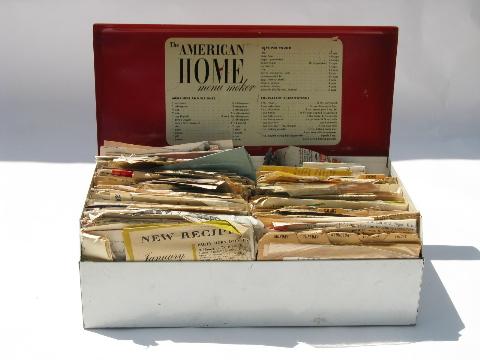 photo of 1950s vintage red and white kitchen recipe cards file box, old recipes #1