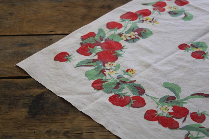 photo of 1950s vintage red strawberry print cotton tablecloth, tiny square for kitchen table #1
