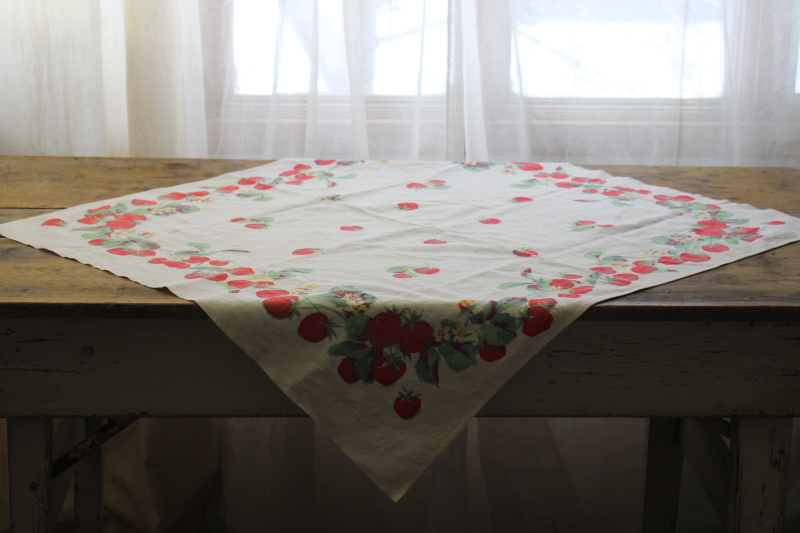 photo of 1950s vintage red strawberry print cotton tablecloth, tiny square for kitchen table #2