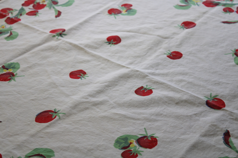 photo of 1950s vintage red strawberry print cotton tablecloth, tiny square for kitchen table #3