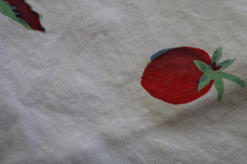 photo of 1950s vintage red strawberry print cotton tablecloth, tiny square for kitchen table #4