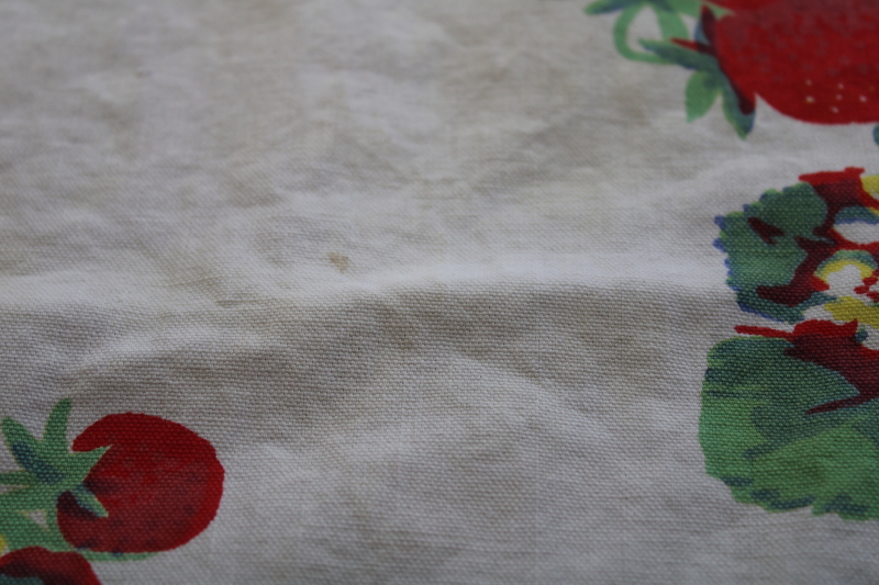 photo of 1950s vintage red strawberry print cotton tablecloth, tiny square for kitchen table #5