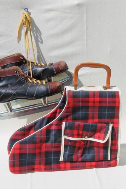 photo of 1950s vintage red tartan plaid carrier case for ice skates, old leather hockey skates & skate bag #1