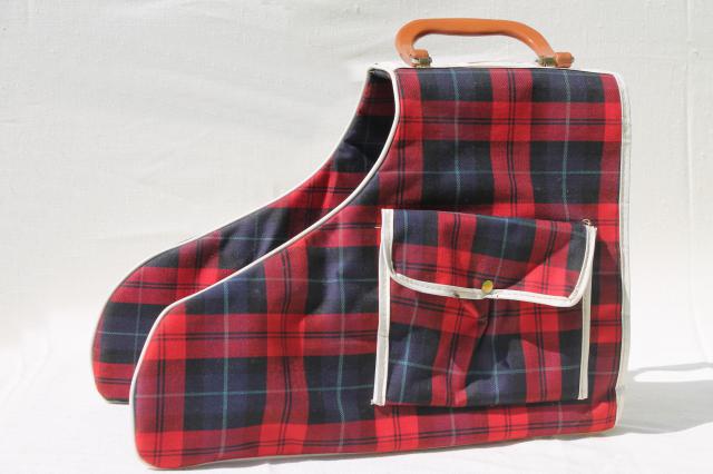 photo of 1950s vintage red tartan plaid carrier case for ice skates, old leather hockey skates & skate bag #4