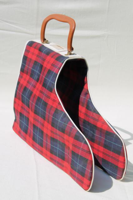 photo of 1950s vintage red tartan plaid carrier case for ice skates, old leather hockey skates & skate bag #5