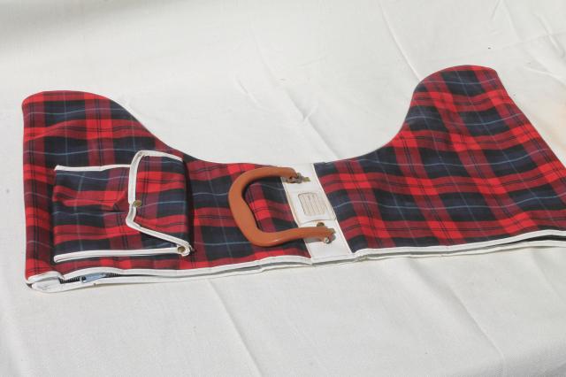 photo of 1950s vintage red tartan plaid carrier case for ice skates, old leather hockey skates & skate bag #6