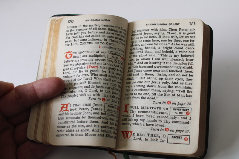 photo of 1950s vintage religious book tiny My Sunday Missal for Mass, black leatherette cover  #5