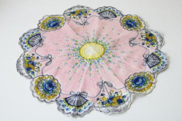 catalog photo of 1950s vintage round cotton hanky - parasol umbrellas, fans, flower bouquets print