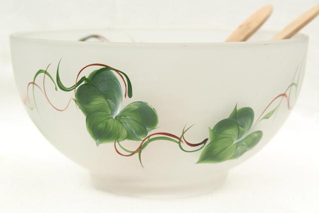 photo of 1950s vintage salad bowl & cruets, hand painted green ivy frosted glass #5