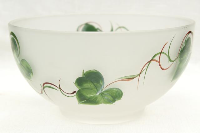 photo of 1950s vintage salad bowl & cruets, hand painted green ivy frosted glass #6