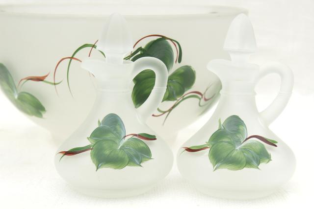 photo of 1950s vintage salad bowl & cruets, hand painted green ivy frosted glass #12