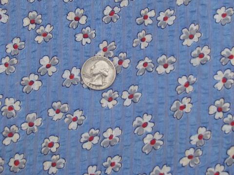 photo of 1950s vintage seersucker stripe light cotton fabric, flowers on blue #1