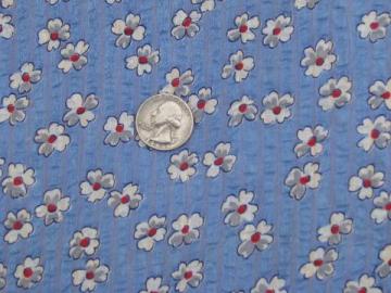 catalog photo of 1950s vintage seersucker stripe light cotton fabric, flowers on blue