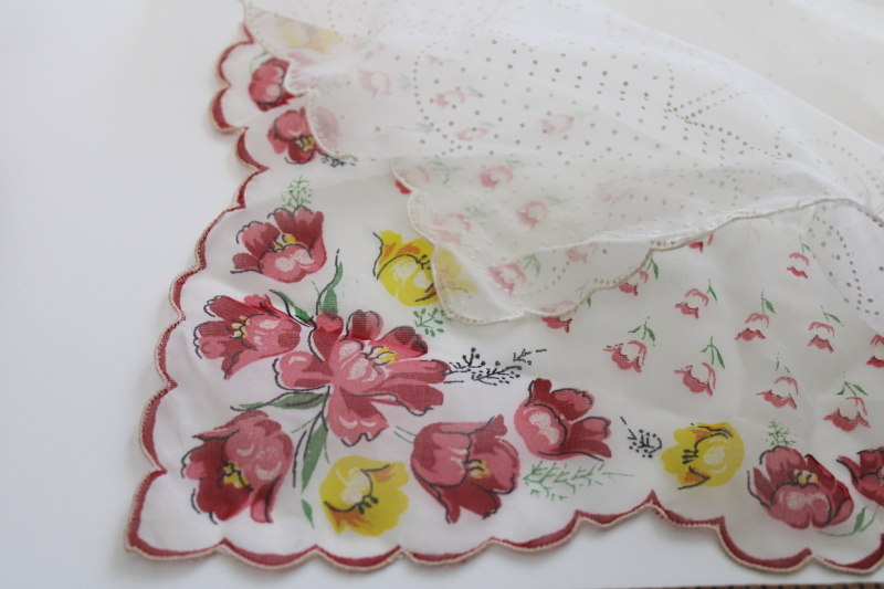 photo of 1950s vintage sheer nylon hankies, light floaty chiffon or organza w/ floral prints #4