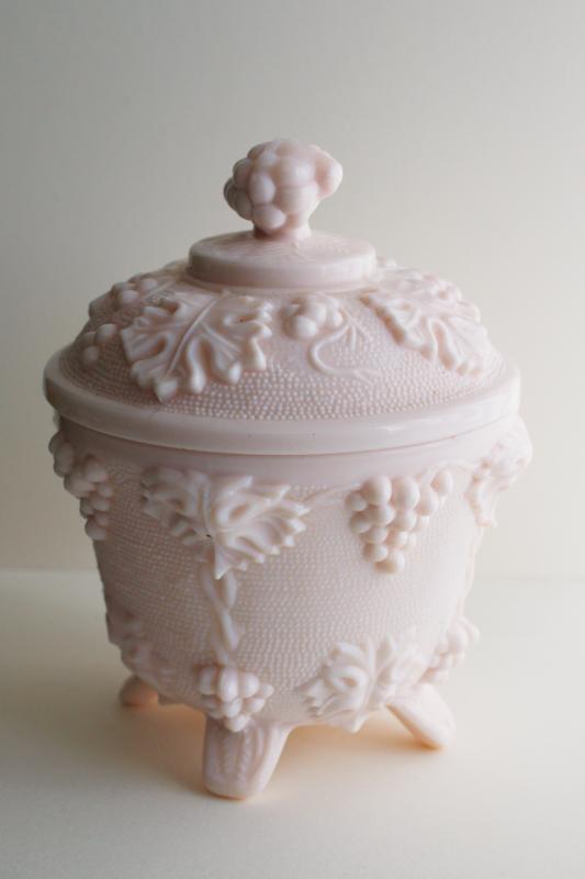 photo of 1950s vintage shell pink milk glass candy dish, grapes pattern Jeannette glass #1