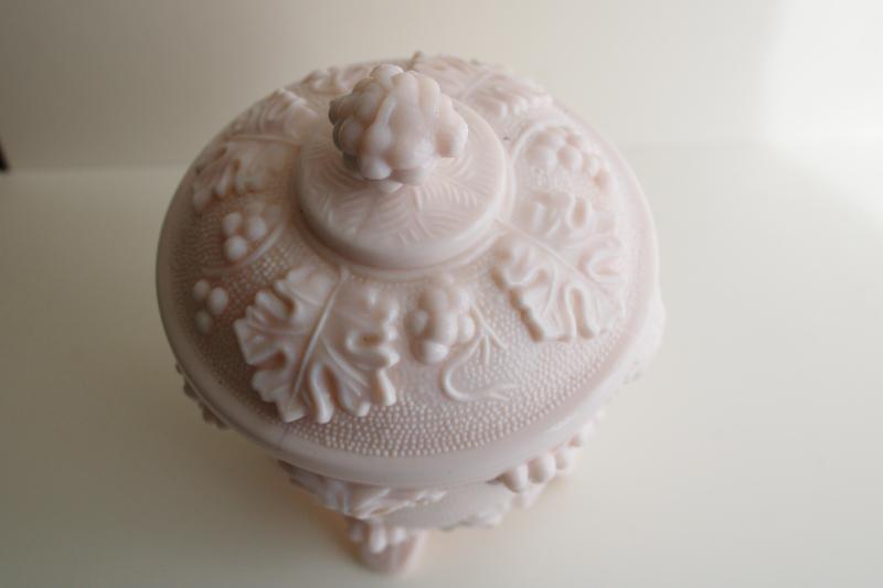 photo of 1950s vintage shell pink milk glass candy dish, grapes pattern Jeannette glass #2