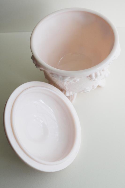 photo of 1950s vintage shell pink milk glass candy dish, grapes pattern Jeannette glass #3