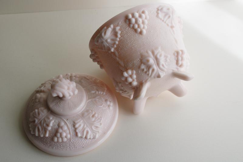 photo of 1950s vintage shell pink milk glass candy dish, grapes pattern Jeannette glass #4