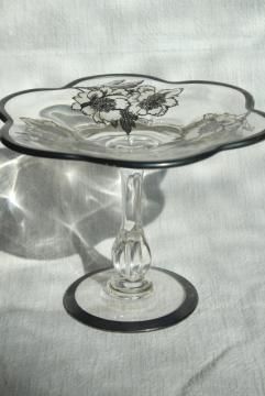 catalog photo of 1950s vintage silver deposit overlay glass candy dish, Duncan & Miller Canterbury bonbon stand