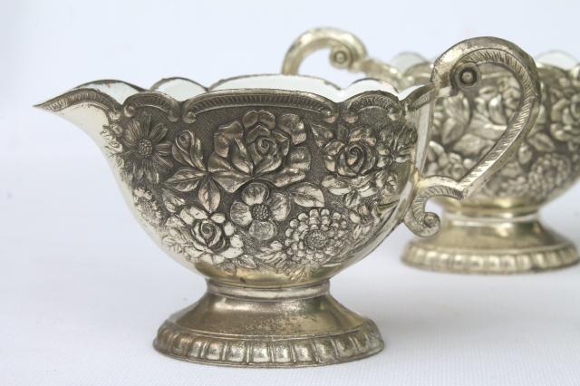 photo of 1950s vintage silver roses ornate metal cream & sugar w/ white enamel lining #5