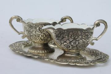 catalog photo of 1950s vintage silver roses ornate metal cream & sugar w/ white enamel lining