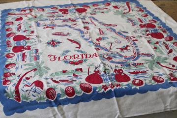 catalog photo of 1950s vintage souvenir Florida map print kitchen tablecloth cotton rayon fabric
