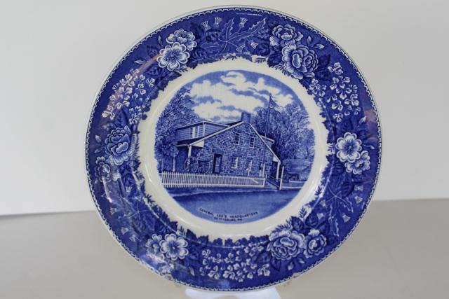 photo of 1950s vintage souvenir plate, Lee's Headquarters Gettysburg blue & white transferware #1