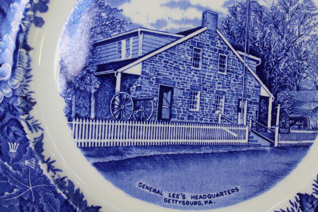 photo of 1950s vintage souvenir plate, Lee's Headquarters Gettysburg blue & white transferware #2