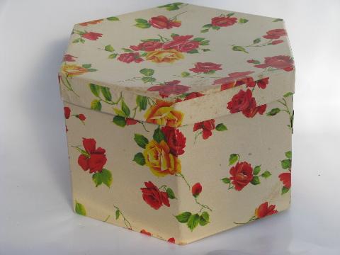 photo of 1950s vintage spring hat box, shabby cottage chic red and yellow roses #2