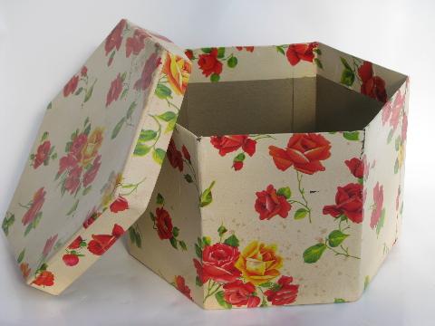 photo of 1950s vintage spring hat box, shabby cottage chic red and yellow roses #3