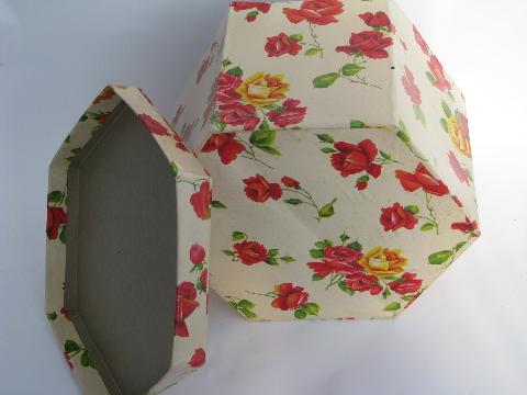 photo of 1950s vintage spring hat box, shabby cottage chic red and yellow roses #5