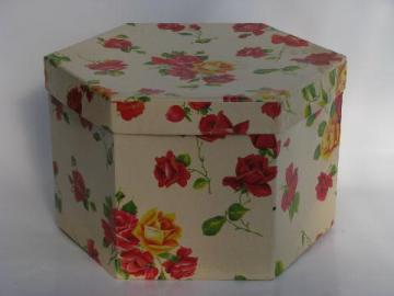 catalog photo of 1950s vintage spring hat box, shabby cottage chic red and yellow roses