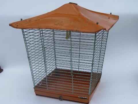 photo of 1950s vintage steel wire bird cage, canary birdcage w/ metal pagoda roof #1