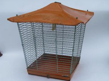catalog photo of 1950s vintage steel wire bird cage, canary birdcage w/ metal pagoda roof