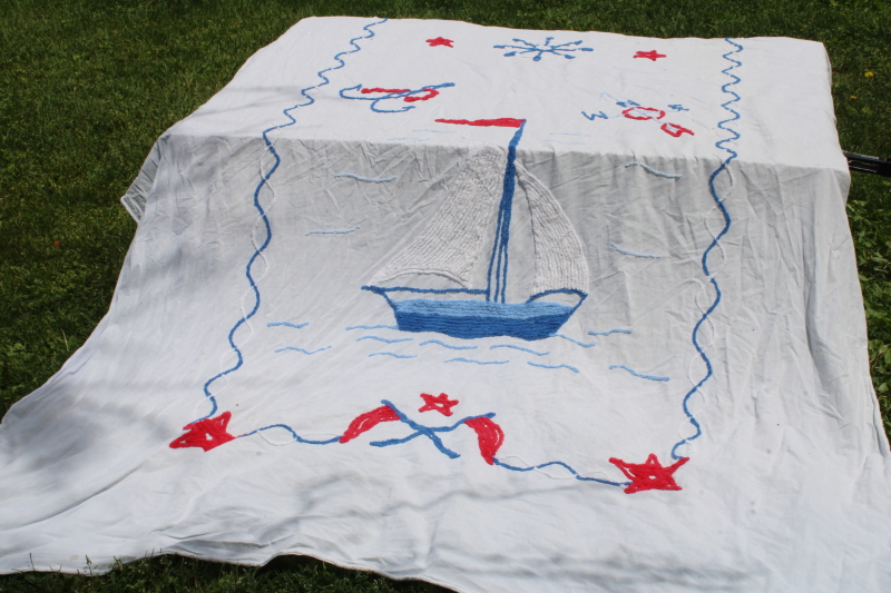 photo of 1950s vintage summer weight chenille bedspread, blue & red sailboat on white cotton nautical decor  #1