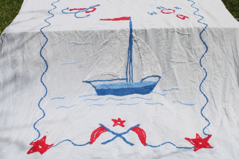 photo of 1950s vintage summer weight chenille bedspread, blue & red sailboat on white cotton nautical decor #5