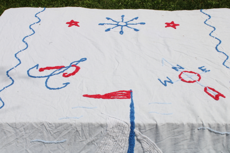 photo of 1950s vintage summer weight chenille bedspread, blue & red sailboat on white cotton nautical decor #6