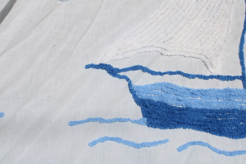 photo of 1950s vintage summer weight chenille bedspread, blue & red sailboat on white cotton nautical decor #7