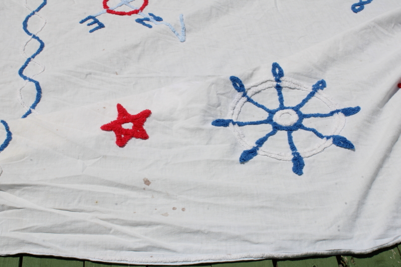 photo of 1950s vintage summer weight chenille bedspread, blue & red sailboat on white cotton nautical decor #11