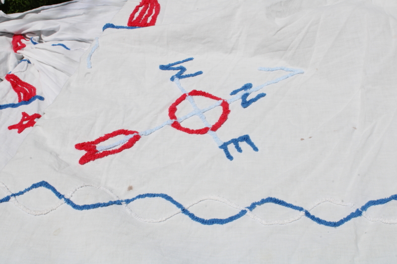 photo of 1950s vintage summer weight chenille bedspread, blue & red sailboat on white cotton nautical decor #12