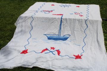 1950s vintage summer weight chenille bedspread, blue & red sailboat on white cotton nautical decor 