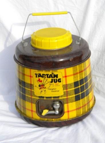 photo of 1950s vintage tartanware, yellow tartan plaid picnic thermos jug cooler #1