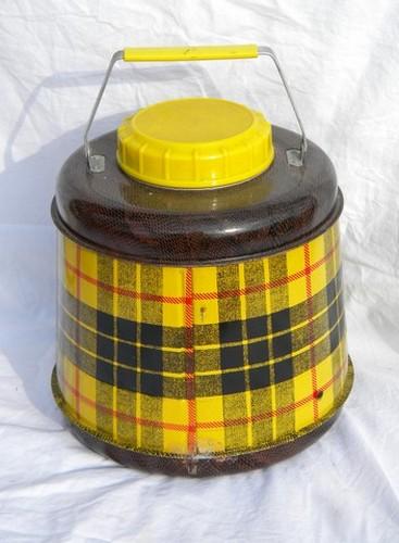 photo of 1950s vintage tartanware, yellow tartan plaid picnic thermos jug cooler #2