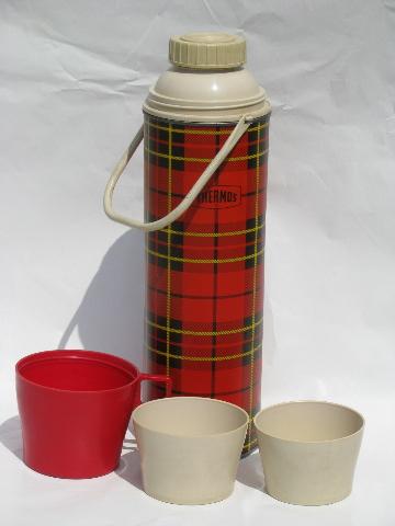photo of 1950s vintage thermos bottles for lunch or picnics, tartanware plaid #3