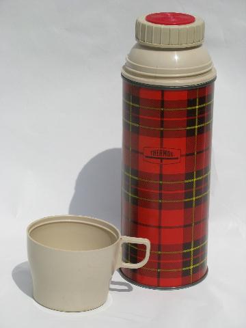 photo of 1950s vintage thermos bottles for lunch or picnics, tartanware plaid #5