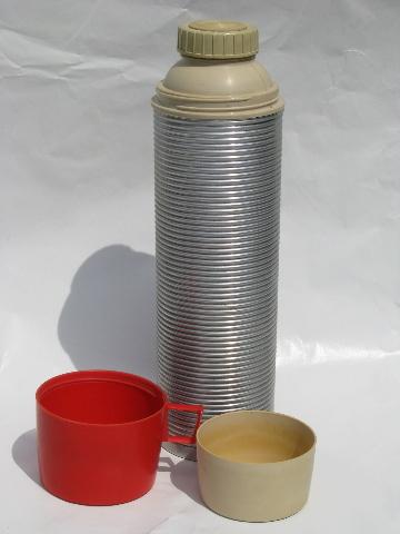 photo of 1950s vintage thermos bottles for lunch or picnics, tartanware plaid #7