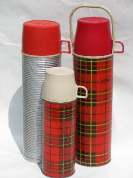 catalog photo of 1950s vintage thermos bottles for lunch or picnics, tartanware plaid