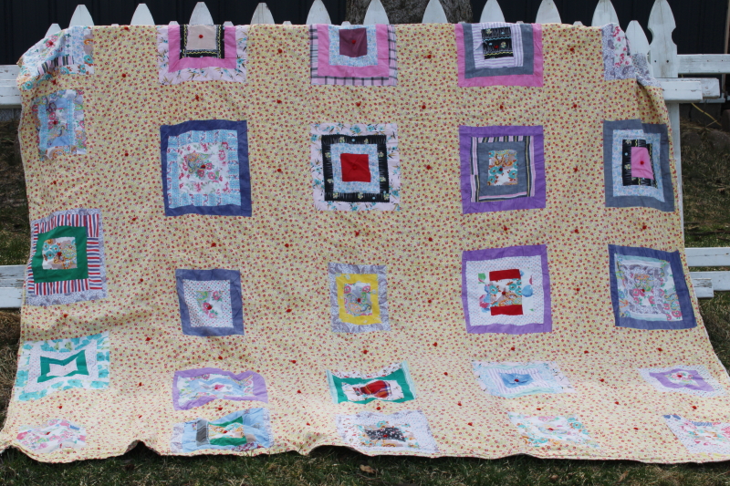 photo of 1950s vintage tied quilt, colorful cotton prints patchwork w/ floral backing fabric #1