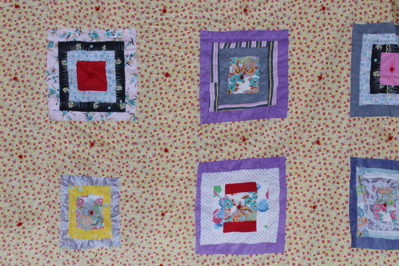 photo of 1950s vintage tied quilt, colorful cotton prints patchwork w/ floral backing fabric #5