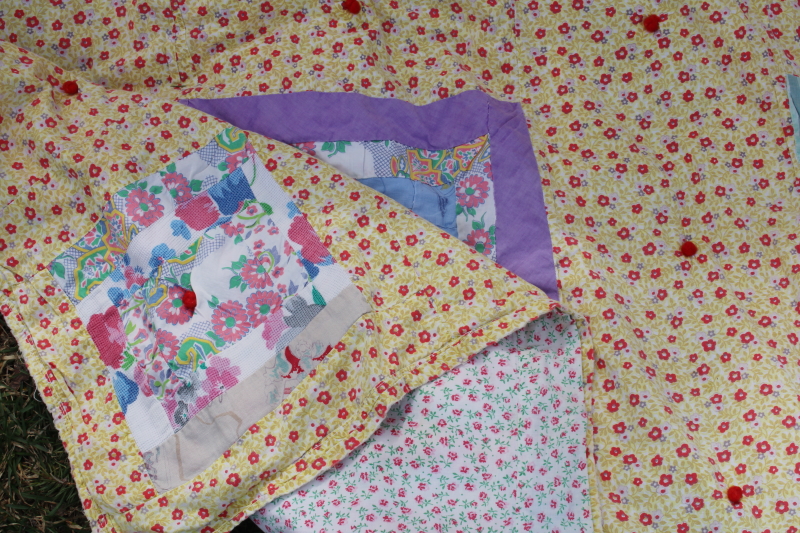 photo of 1950s vintage tied quilt, colorful cotton prints patchwork w/ floral backing fabric #6